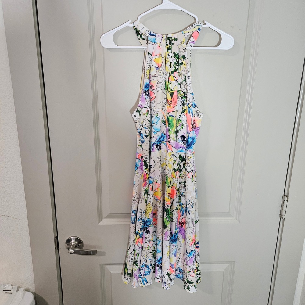 Express Floral Halter Neck Mini Dress Watercolor Pleated Sleeveless Multi 10 NEW - Picture 8 of 12